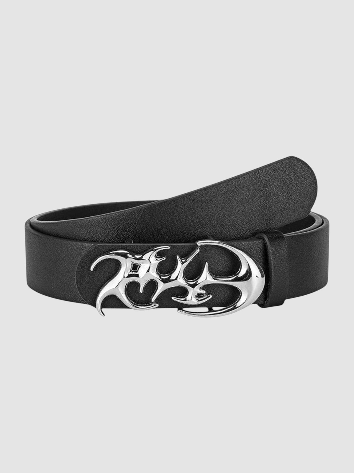 Y2K Studio black faux leather belt featuring an asymmetrical silver metal flame-shaped buckle in a cyber style.