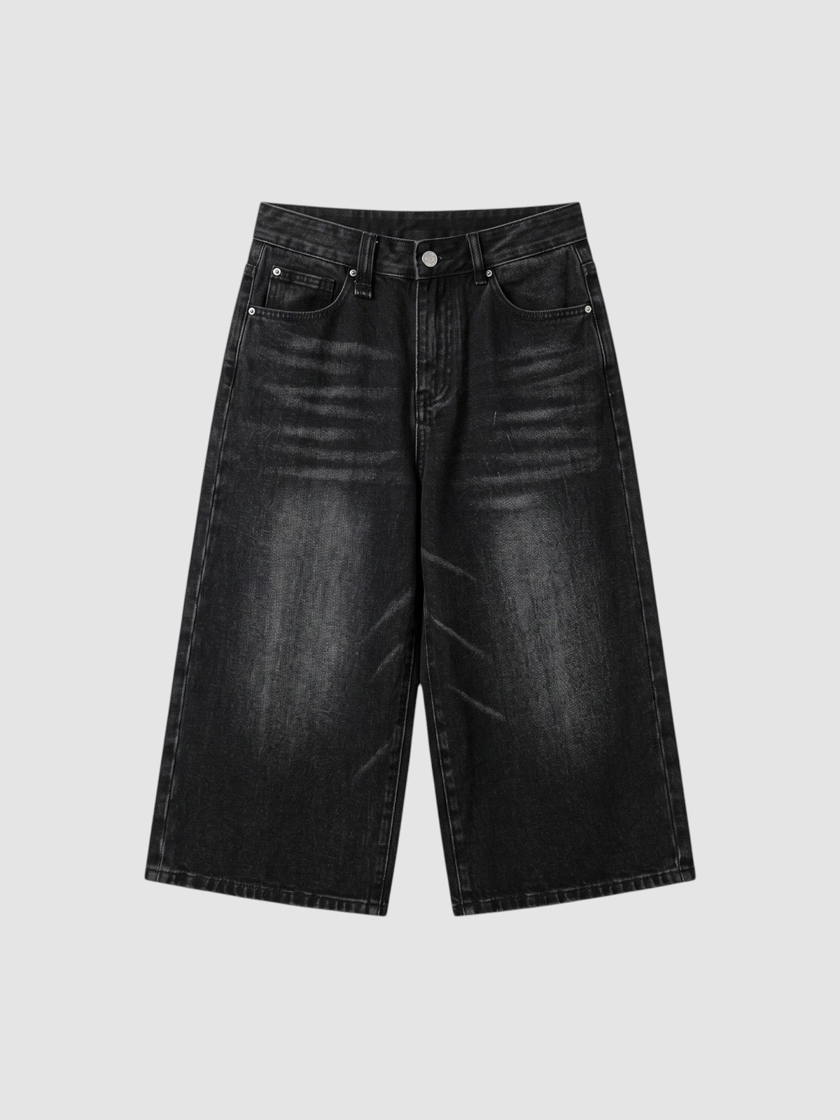 Y2K Studio black denim bermuda shorts with a high-waisted, wide-leg A-line silhouette and grey faded wash details.