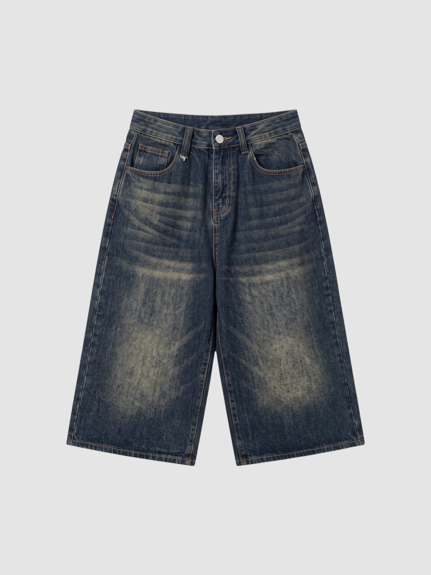 Y2K Studio high-waisted black denim bermuda shorts with a grey faded wash and wide-leg A-line silhouette.