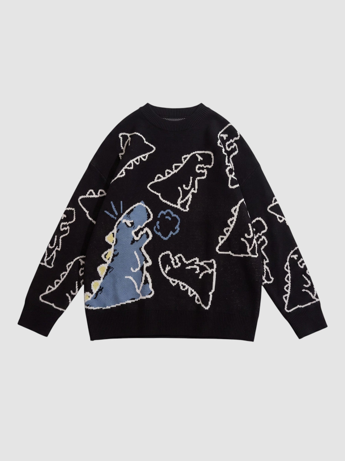 Y2K STUDIO black knit sweater featuring a playful all-over cartoon dinosaur pattern and a round neckline.