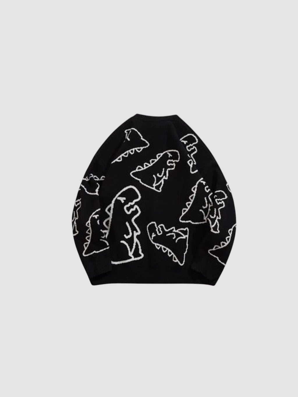 Y2K STUDIO black knit sweater featuring a white cartoon dinosaur all-over pattern and a classic crew neck design.