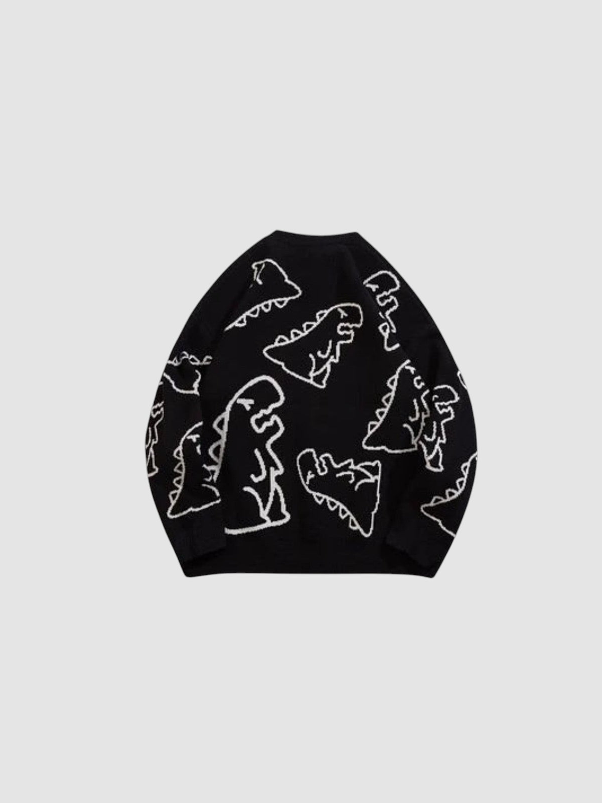 Y2K STUDIO black knit sweater featuring a white cartoon dinosaur all-over pattern and a classic crew neck design.