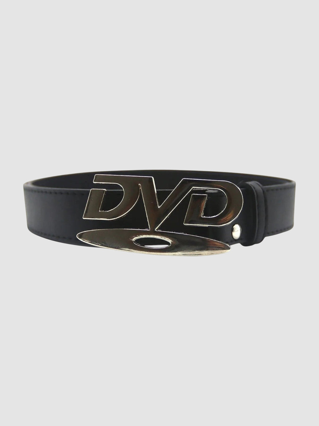 Y2K Studio black faux leather belt featuring a silver metallic DVD logo buckle in a Y2K inspired streetwear style.