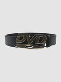 Y2K Studio black faux leather belt featuring a silver metallic DVD logo buckle in a Y2K inspired streetwear style.