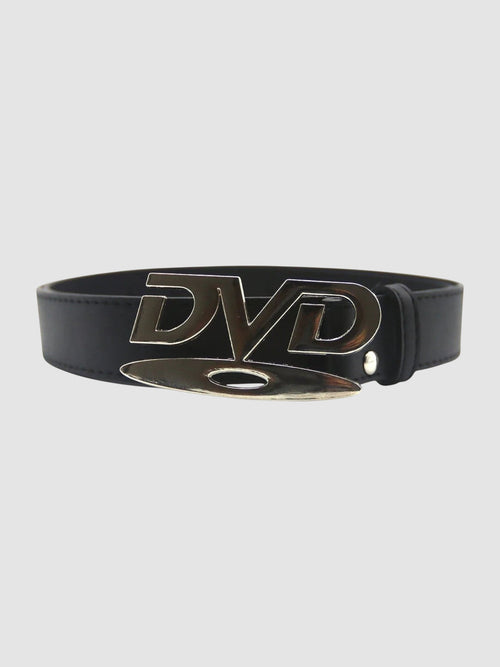 Y2K Studio black faux leather belt featuring a silver metallic DVD logo buckle in a Y2K inspired streetwear style.