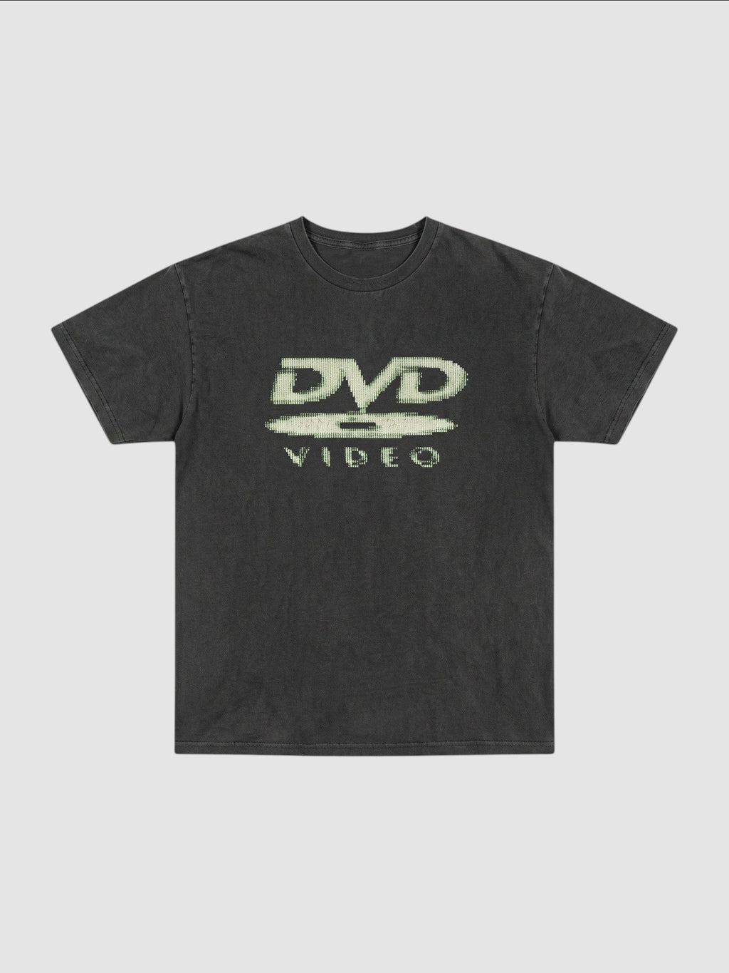 Y2K Studio black washed polyester t-shirt with a vintage ecru DVD Video logo graphic on the chest.