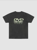 Y2K Studio black washed polyester t-shirt with a vintage ecru DVD Video logo graphic on the chest.