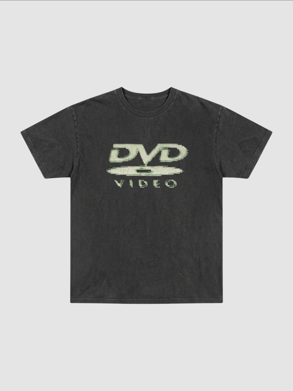 Y2K Studio black washed polyester t-shirt with a vintage ecru DVD Video logo graphic on the chest.