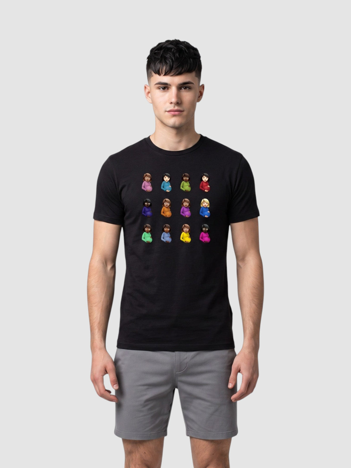 Y2K Studio black crew neck t-shirt featuring a grid of twelve colorful pregnant woman emojis on a male model