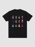 Y2K Studio black crew neck t-shirt featuring a grid of twelve colorful pregnant woman emojis in polyester fabric