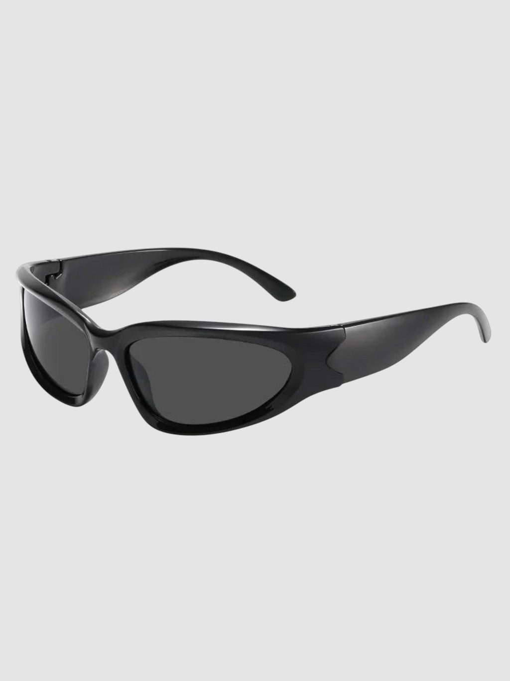 Y2K Studio matte black wraparound gorpcore sunglasses with dark grey tinted lenses and thick technical frames