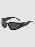 Y2K Studio matte black wraparound gorpcore sunglasses with dark grey tinted lenses and thick technical frames