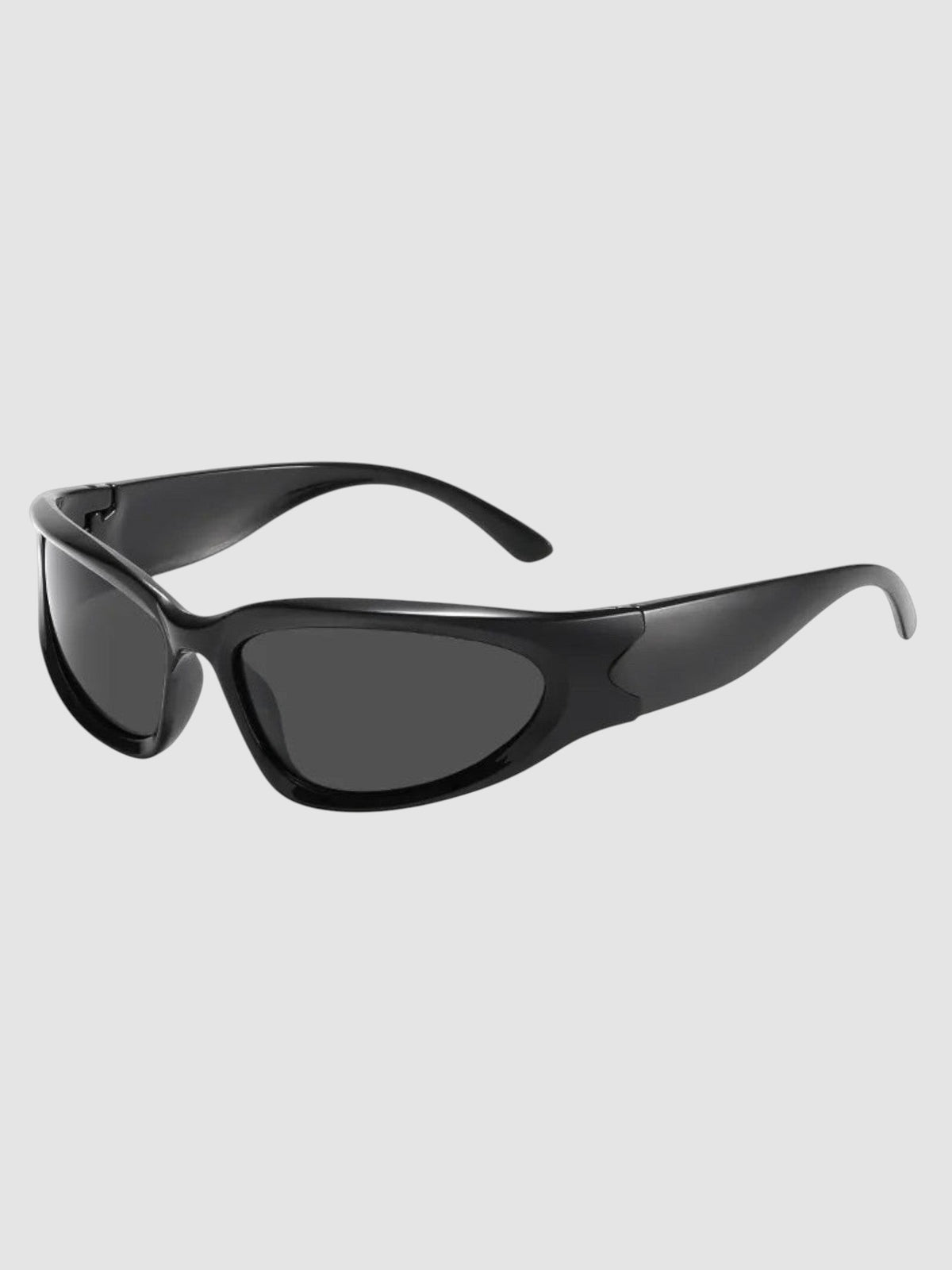 Y2K Studio matte black wraparound gorpcore sunglasses with dark grey tinted lenses and thick technical frames