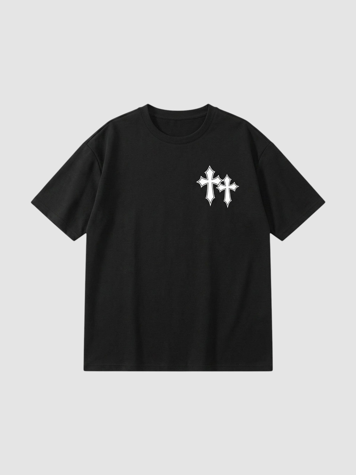 Y2K Studio black oversize cotton t-shirt featuring two white gothic cross prints on the left chest