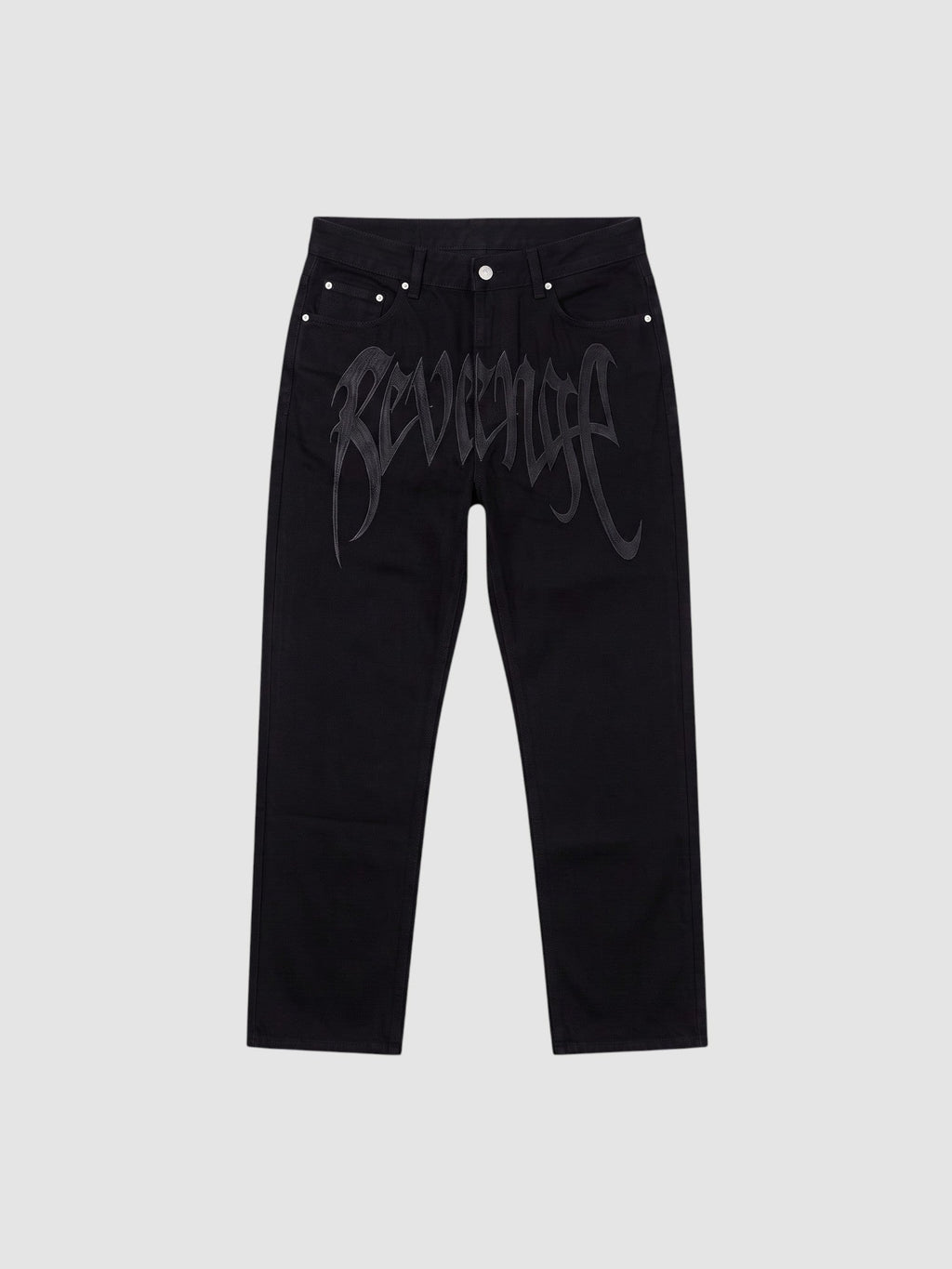 Y2K Studio black Y2K hip-hop jeans with subtle gothic lettering print on thighs and straight-leg fit