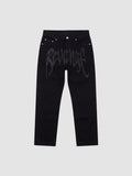 Y2K Studio black Y2K hip-hop jeans with subtle gothic lettering print on thighs and straight-leg fit