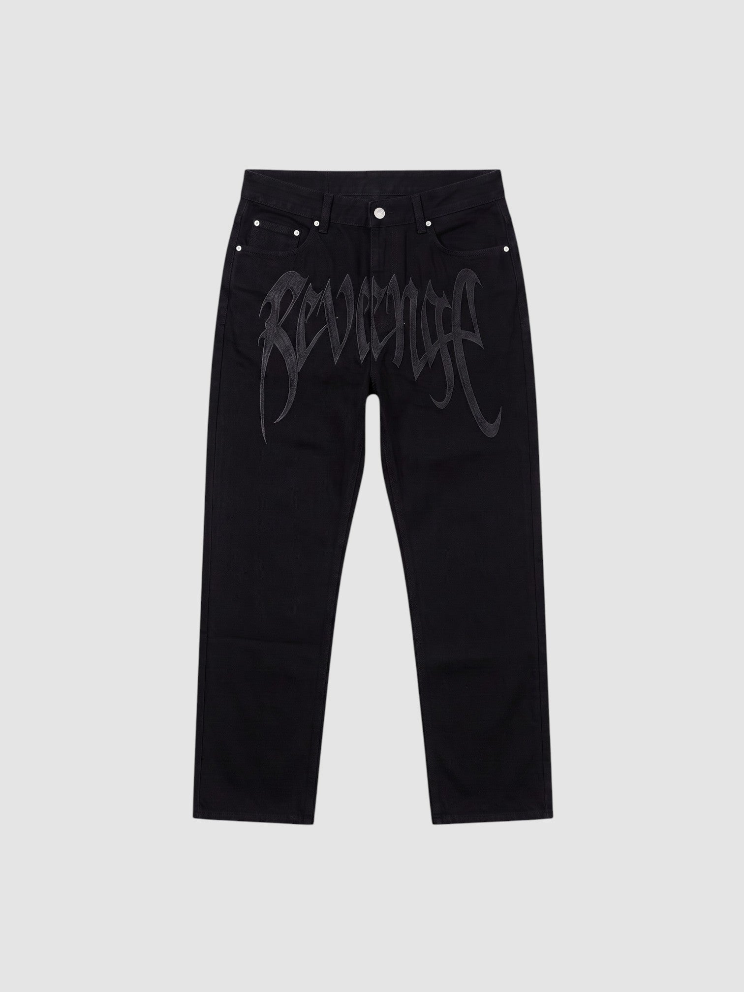 Y2K Studio black Y2K hip-hop jeans with subtle gothic lettering print on thighs and straight-leg fit
