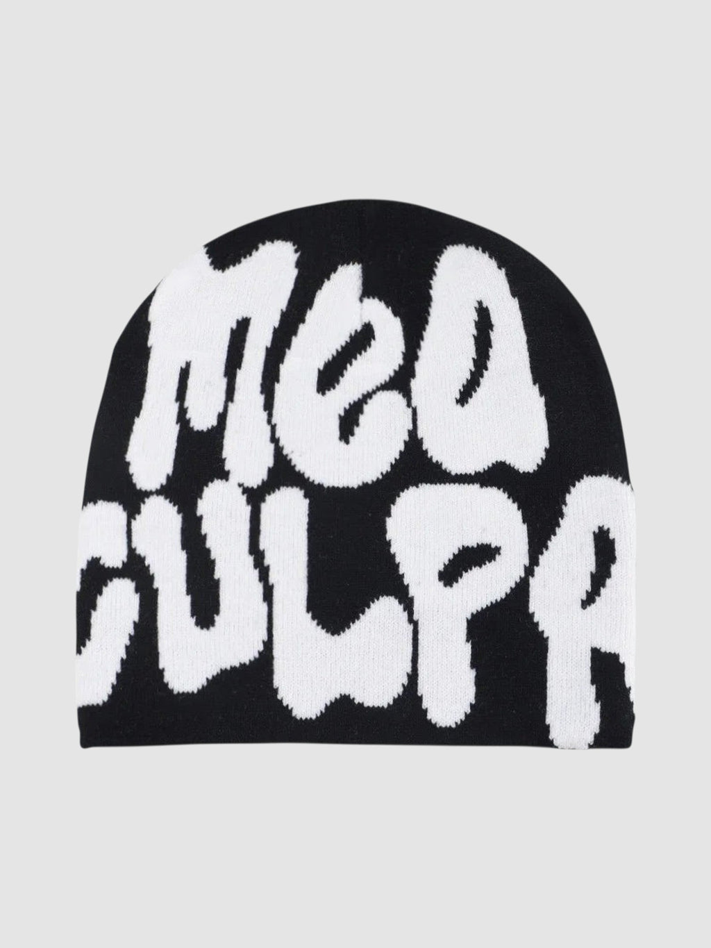 Y2K Studio black skullie beanie featuring large white graffiti-style bubble lettering that reads Mea Culpa.