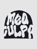 Y2K Studio black skullie beanie featuring large white graffiti-style bubble lettering that reads Mea Culpa.