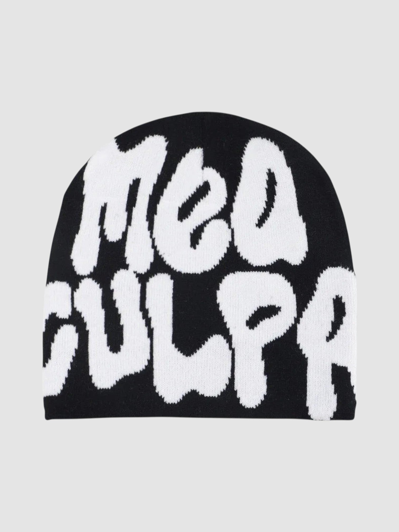 Y2K Studio black skullie beanie featuring large white graffiti-style bubble lettering that reads Mea Culpa.