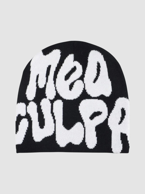 Y2K Studio black skullie beanie featuring large white graffiti-style bubble lettering that reads Mea Culpa.