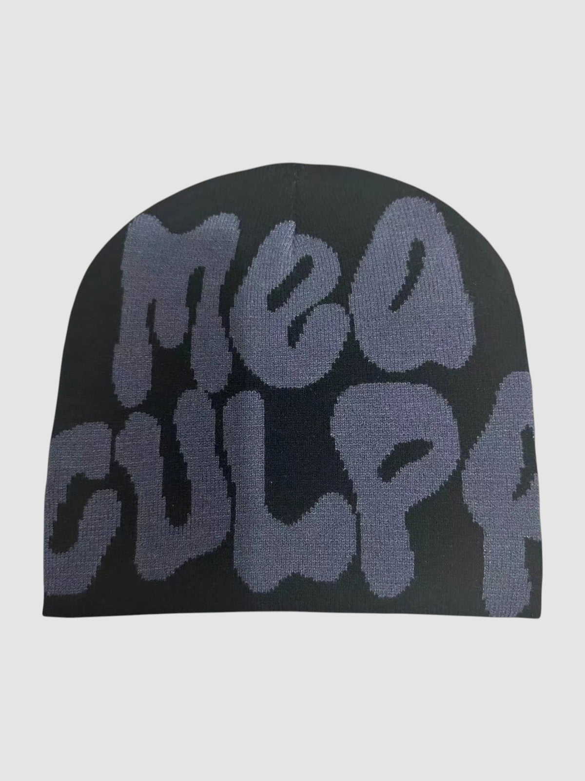 Y2K Studio black skullie beanie featuring large grey graffiti-style bubble lettering reading Mea Culpa