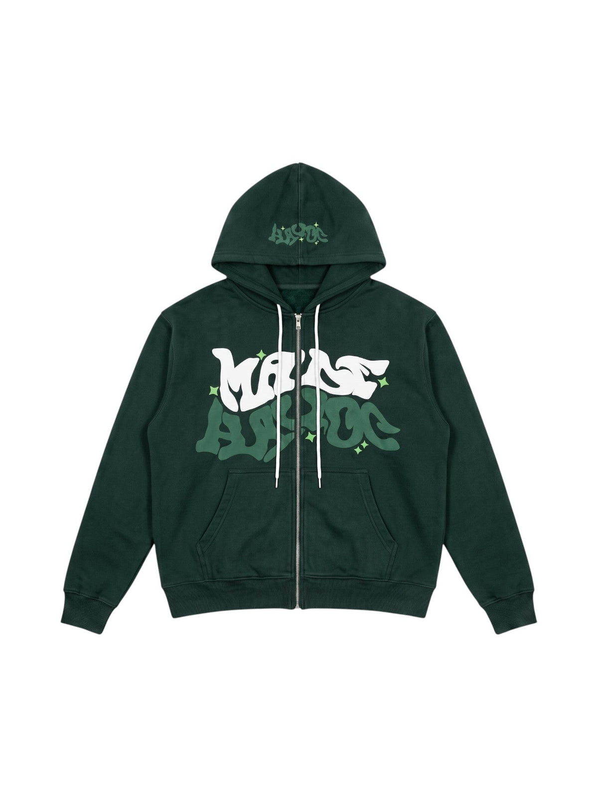 Y2K Studio black zip-up hoodie featuring white and green bubble graffiti lettering and small star accents