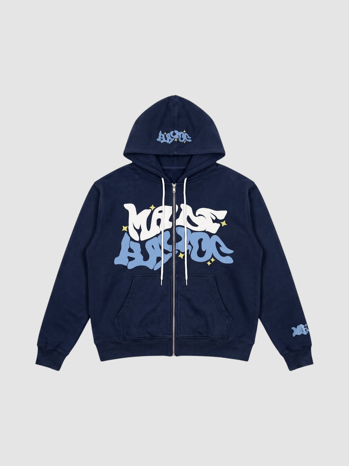 Y2K Studio black zip-up hoodie featuring white and blue bubble graffiti lettering and small green star accents.