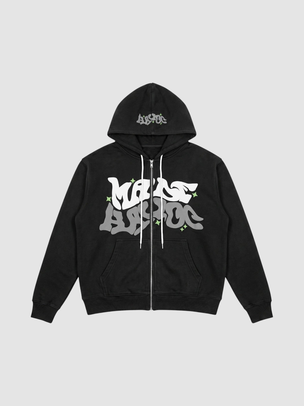 Y2K Studio black zip-up hoodie featuring white and grey bubble graffiti lettering and small green star accents.