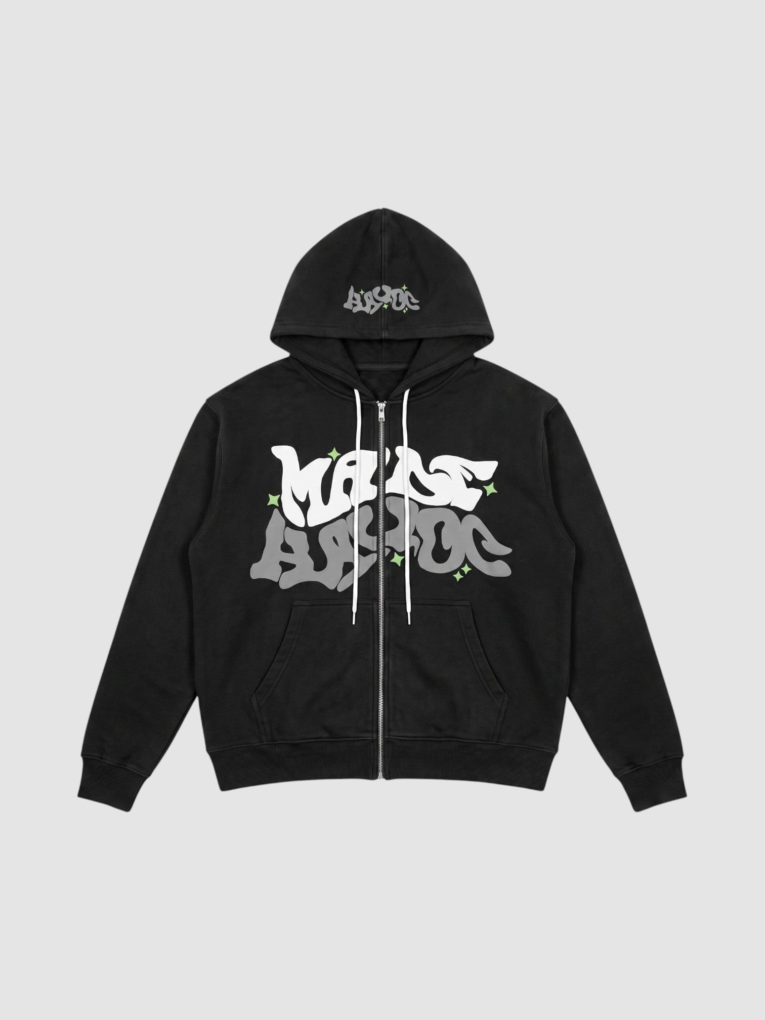 Y2K Studio black zip-up hoodie featuring white and grey bubble graffiti lettering and small green star accents.