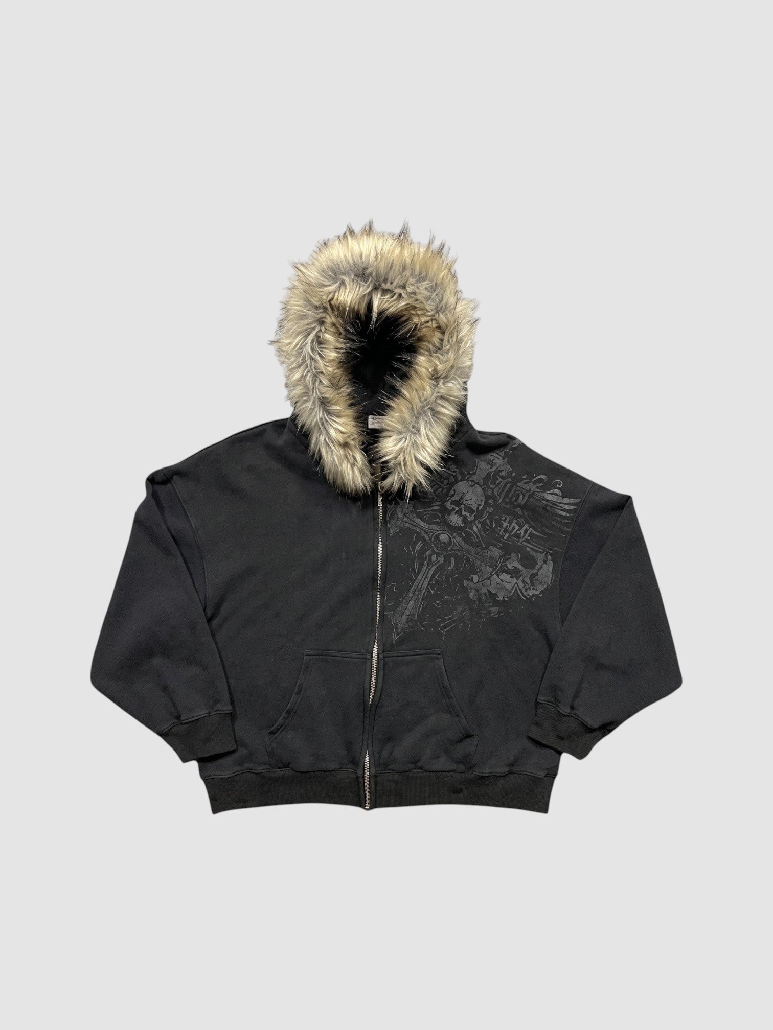 Y2K Studio black washed grunge zip-up hoodie with silver graphic print and thick faux fur trim on the hood