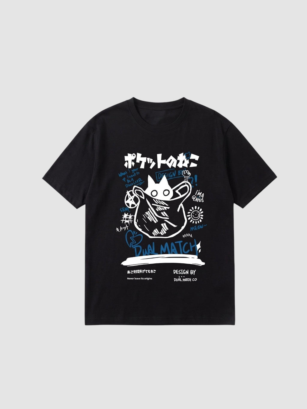 Y2K Studio black unisex t-shirt featuring a white cat graphic with blue graffiti, stars, and Japanese text.