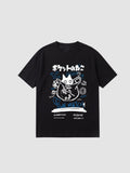 Y2K Studio black unisex t-shirt featuring a white cat graphic with blue graffiti, stars, and Japanese text.