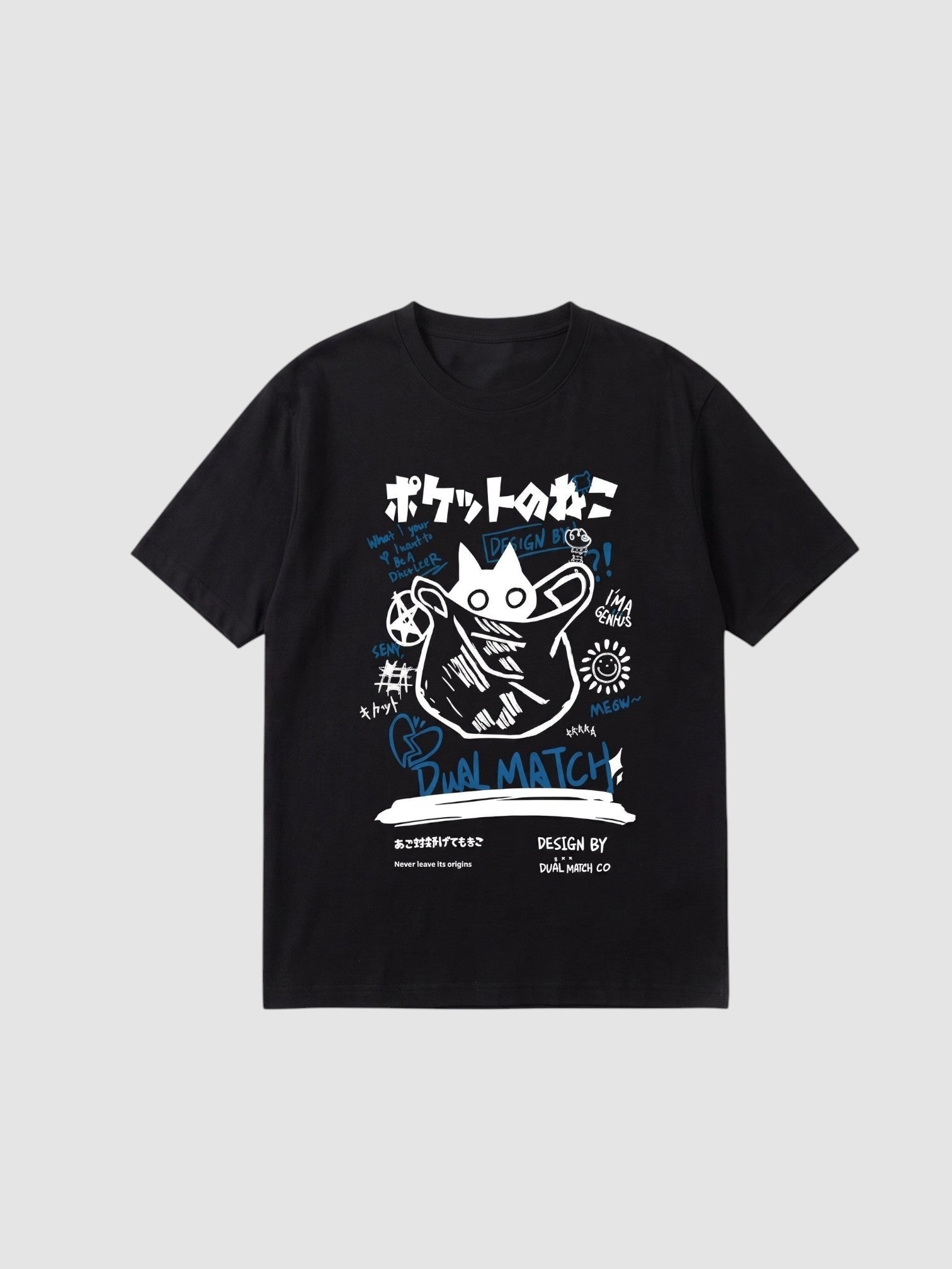 Y2K Studio black unisex t-shirt featuring a white cat graphic with blue graffiti, stars, and Japanese text.