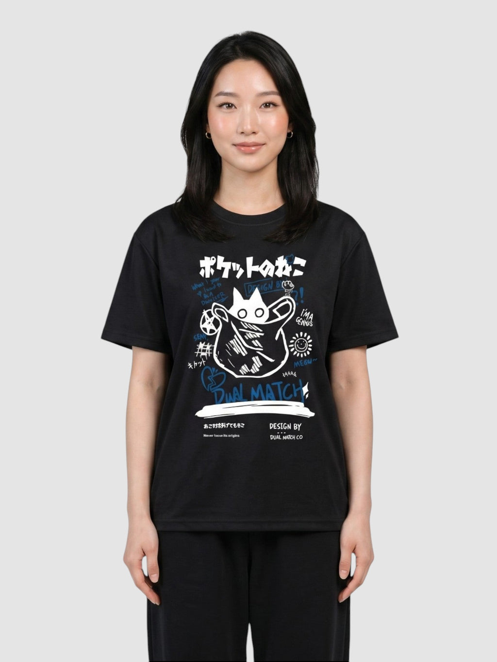 Y2K Studio black unisex t-shirt with a white and blue Japanese cat graffiti print, round neck and short sleeves