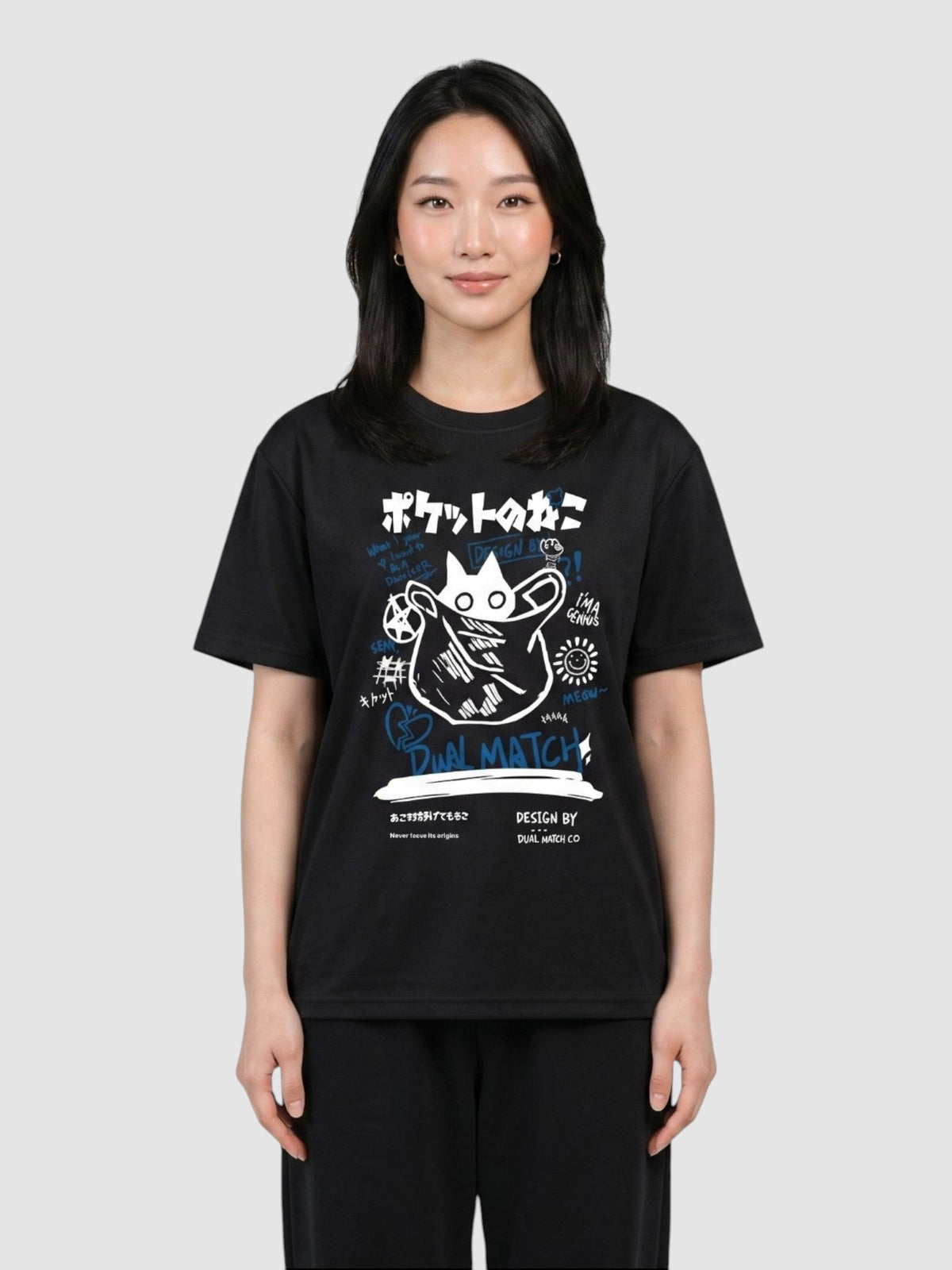 Y2K Studio black unisex t-shirt with a white and blue Japanese cat graffiti print, round neck and short sleeves