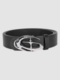 Y2K Studio black faux leather belt featuring a polished silver-tone oval tourbillon buckle with wave-like design.