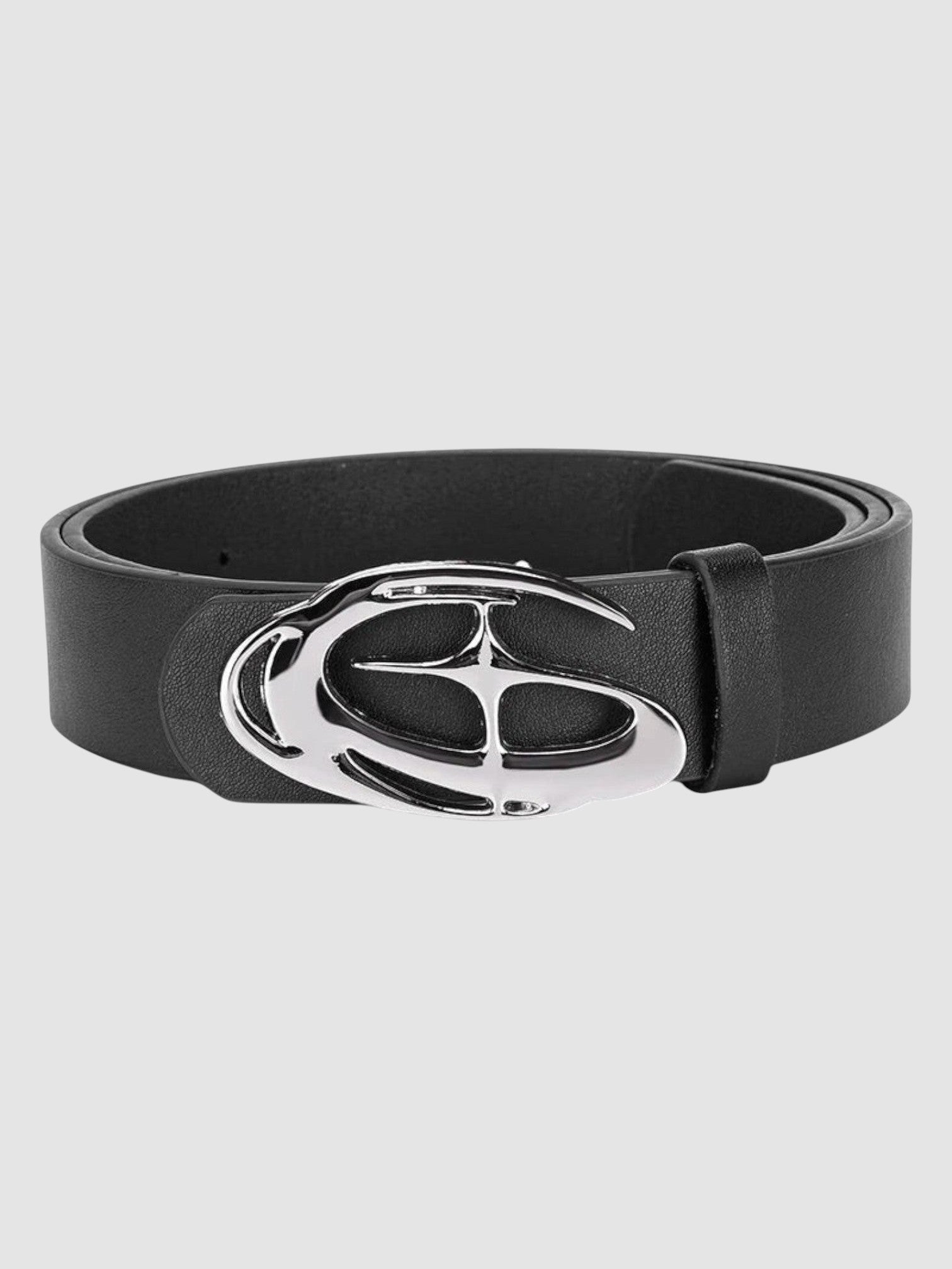 Y2K Studio black faux leather belt featuring a polished silver-tone oval tourbillon buckle with wave-like design.