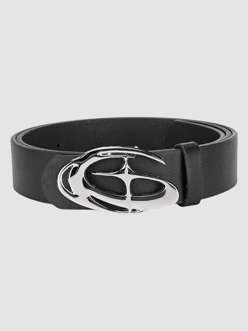Y2K Studio black faux leather belt featuring a polished silver-tone oval tourbillon buckle with wave-like design.