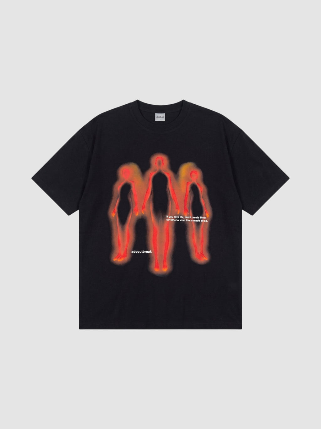 Y2K Studio black oversized cotton t-shirt featuring a thermal-style graphic of three silhouettes in red and orange.