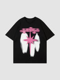 Y2K Studio black cotton t-shirt with a pink neon star graphic, white blurred silhouettes, and Y2K lettering.