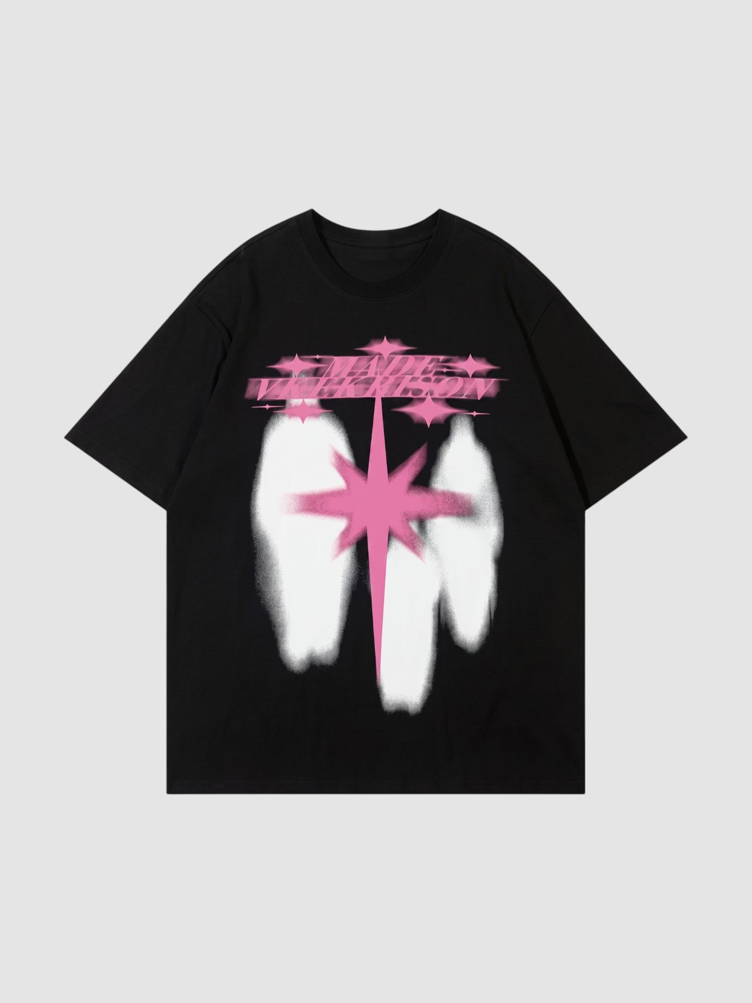 Y2K Studio black cotton t-shirt with a pink neon star graphic, white blurred silhouettes, and Y2K lettering.