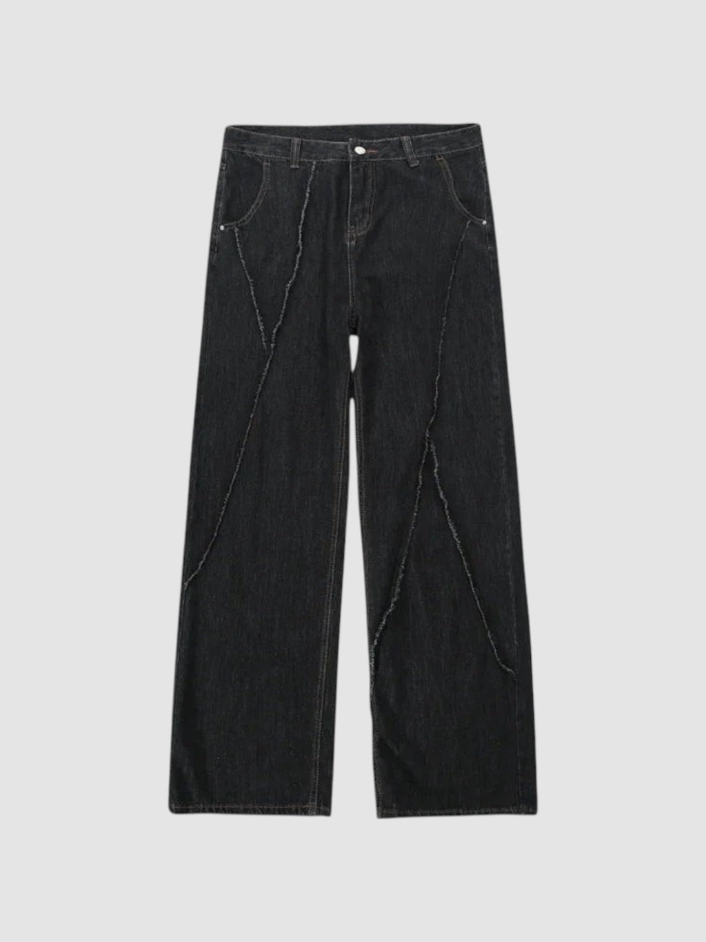 Y2K Studio black wide-leg denim jeans featuring diagonal raw-edge seams and a button fly closure.