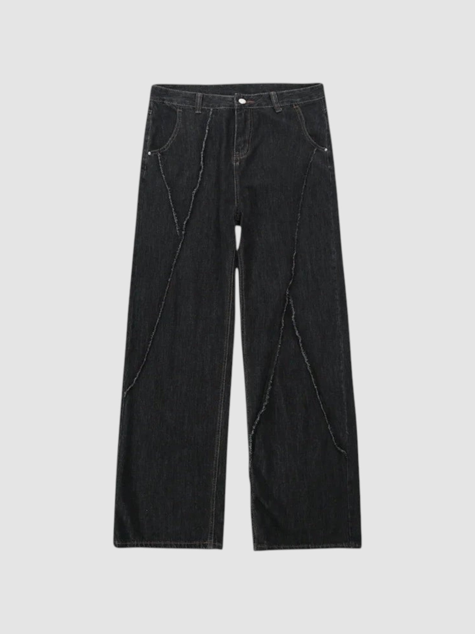 Y2K Studio black wide-leg denim jeans featuring diagonal raw-edge seams and a button fly closure.