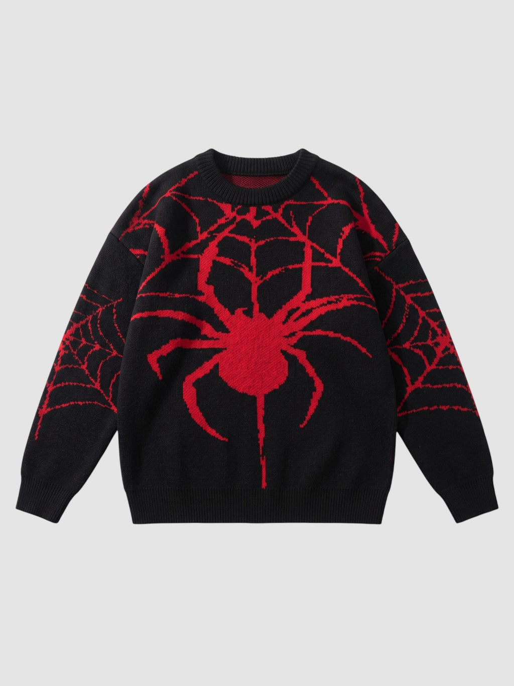 Y2K STUDIO black knit sweater featuring a large red embroidered spider and web design on the front and sleeves.