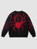 Y2K STUDIO black knit sweater featuring a large red embroidered spider and web design on the front and sleeves.
