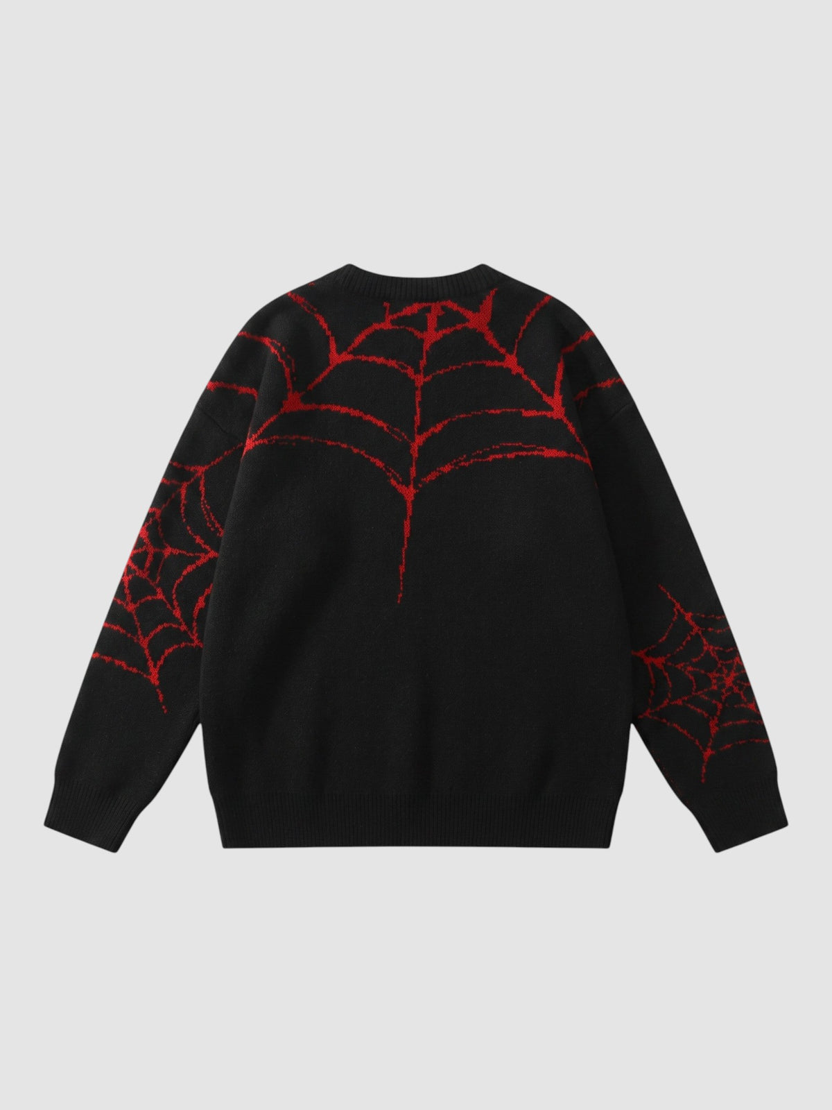 Y2K STUDIO black knit sweater with red spider web embroidery, featuring a crew neck and oversized streetwear fit.