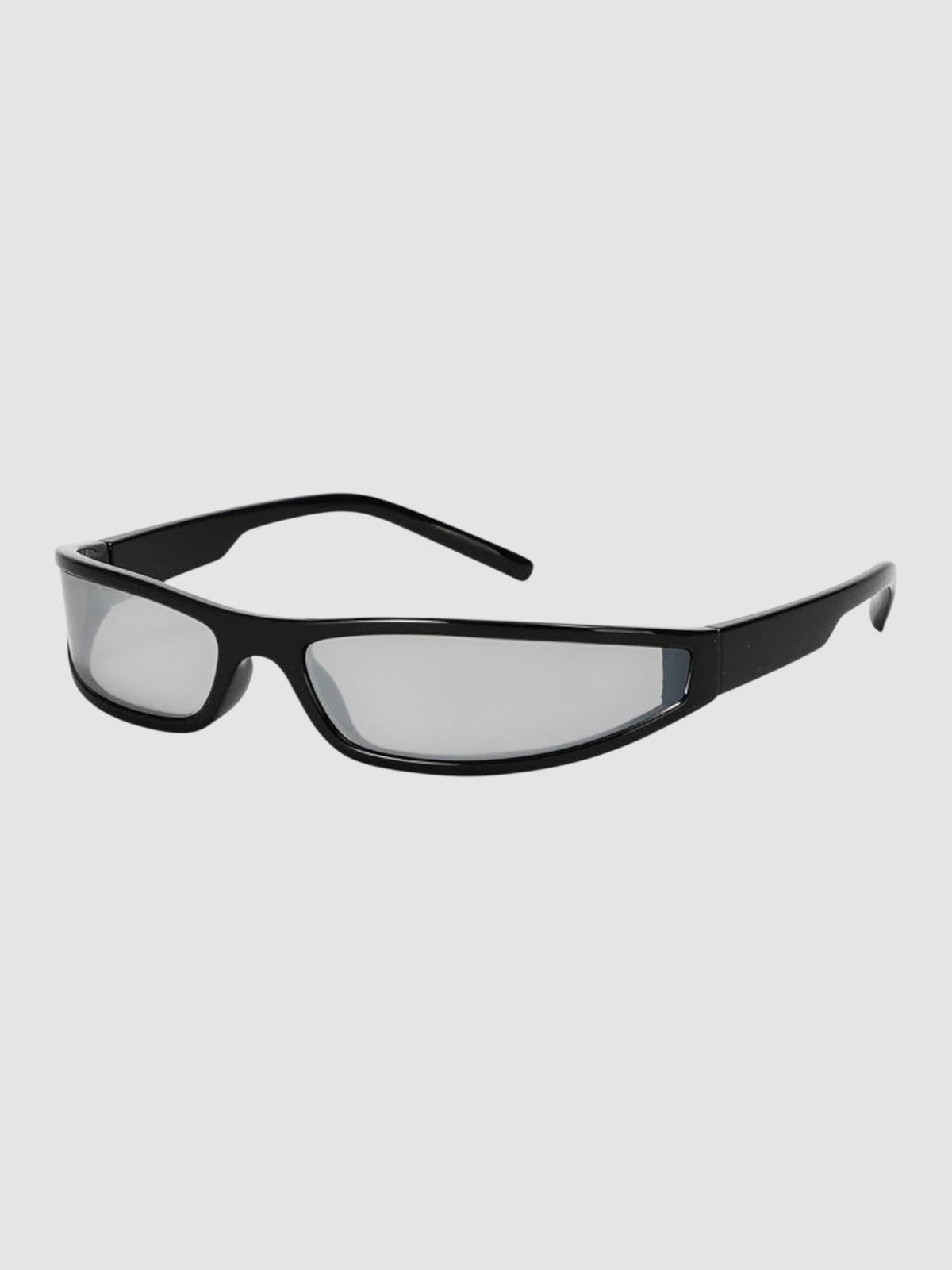 Y2K Studio black retro sunglasses with a seamless block frame and silver mirrored lenses in a Y2K aesthetic style.