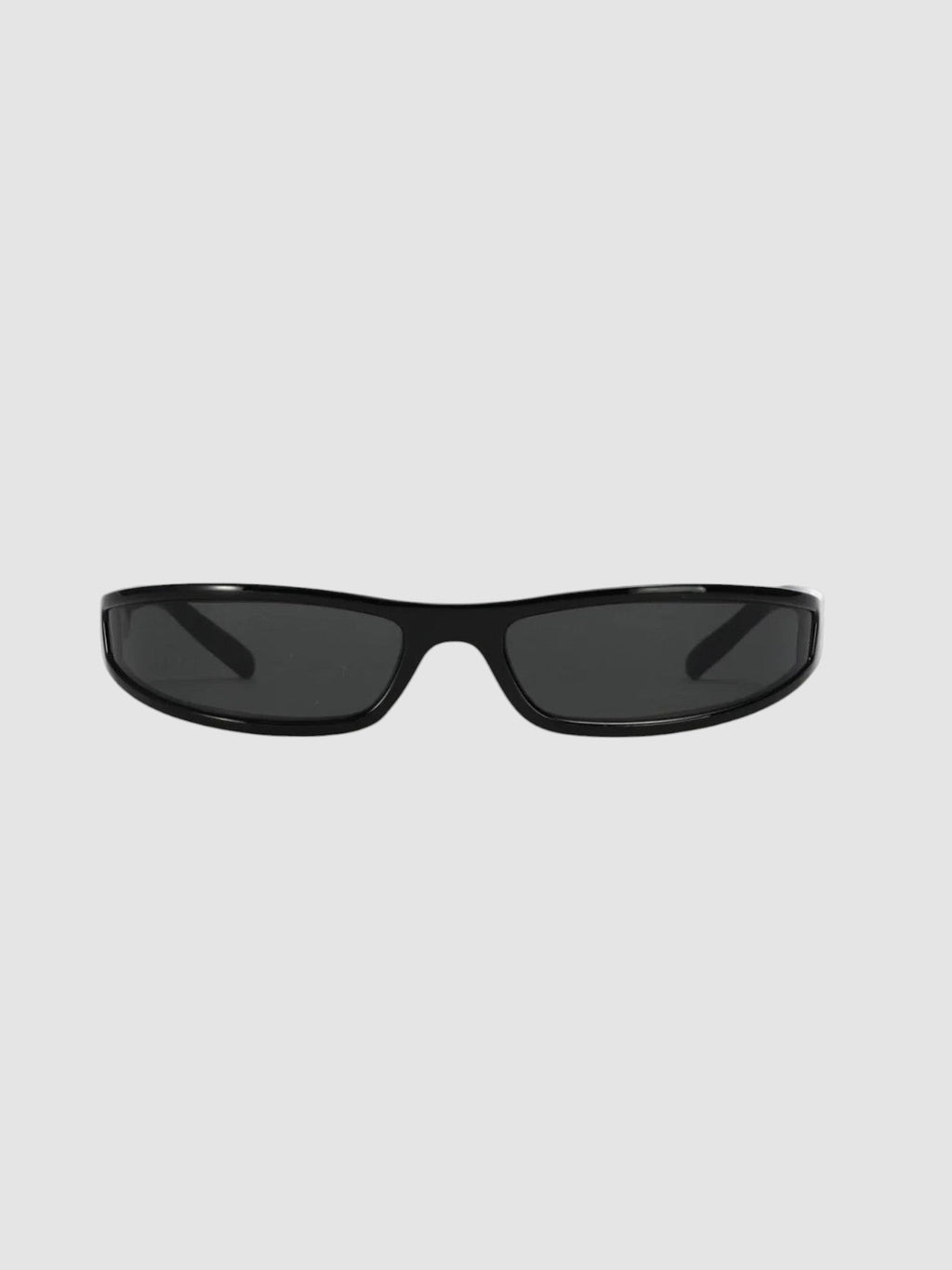 Y2K Studio black retro Y2K sunglasses with a seamless one-piece block frame and silver mirror lenses