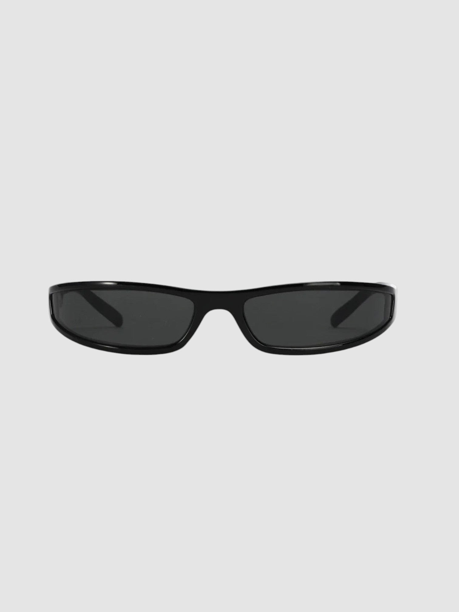 Y2K Studio black retro Y2K sunglasses with a seamless one-piece block frame and silver mirror lenses